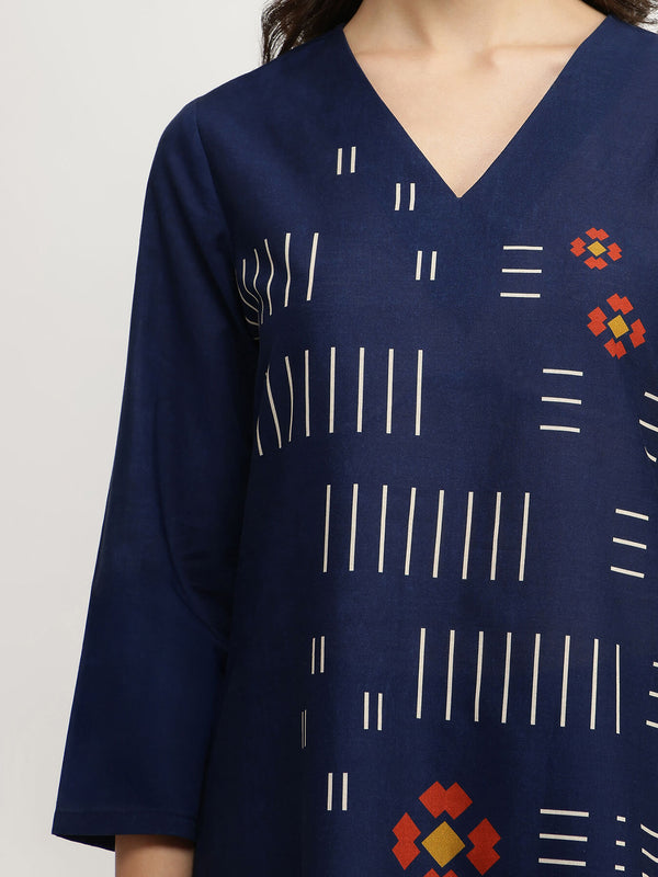 Cotton Geometric Print Kurta Set - Navy Blue