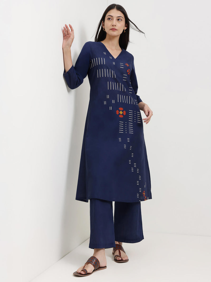 Cotton Geometric Print Kurta Set - Navy Blue