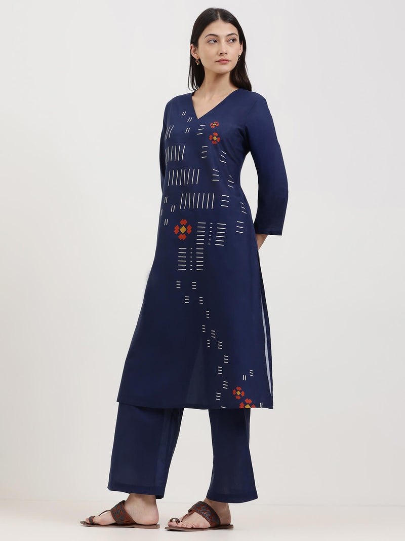 Cotton Geometric Print Kurta Set - Navy Blue