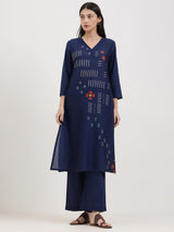 Cotton Geometric Print Kurta Set - Navy Blue