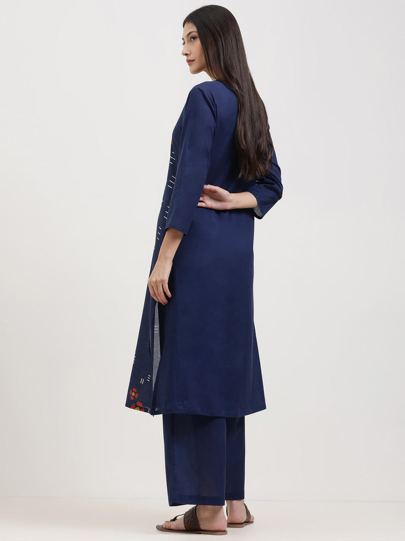 Cotton Geometric Print Kurta Set - Navy Blue