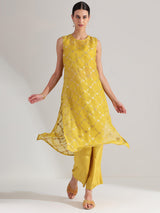 Jacquard Floral Motif Sleeveless Kurta Set - Green