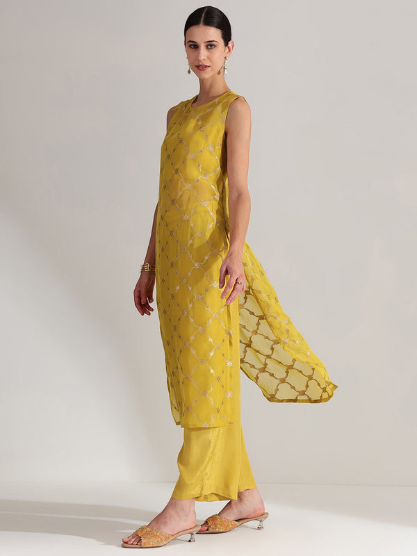 Jacquard Floral Motif Sleeveless Kurta Set - Green