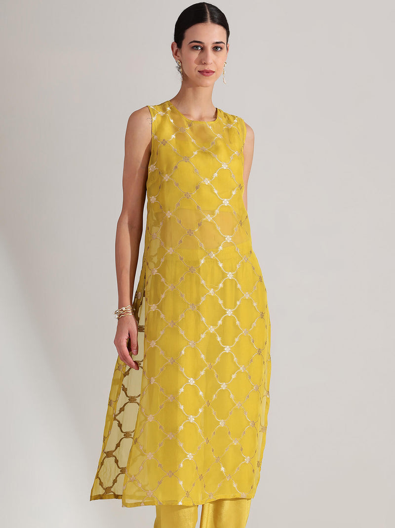 Jacquard Floral Motif Sleeveless Kurta Set - Green