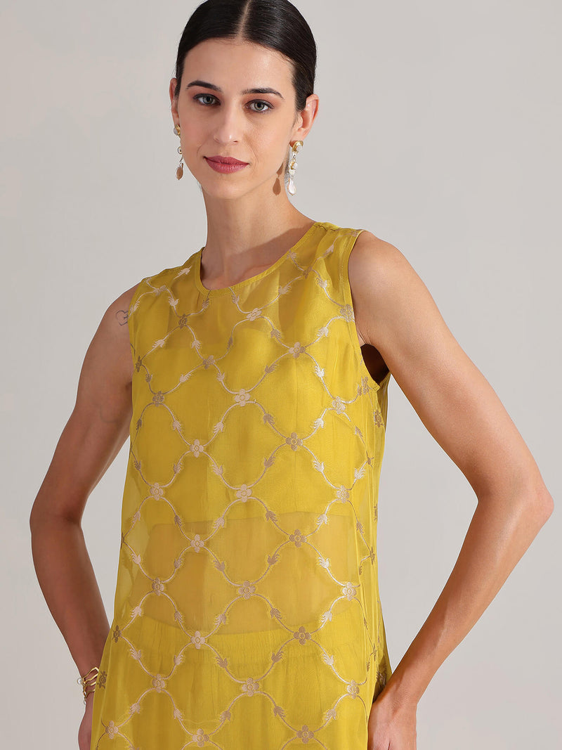 Jacquard Floral Motif Sleeveless Kurta Set - Green
