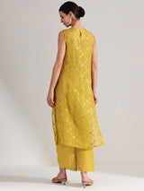 Jacquard Floral Motif Sleeveless Kurta Set - Green