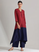 Silk Blend Colourblock Kurta Set - Red & Blue