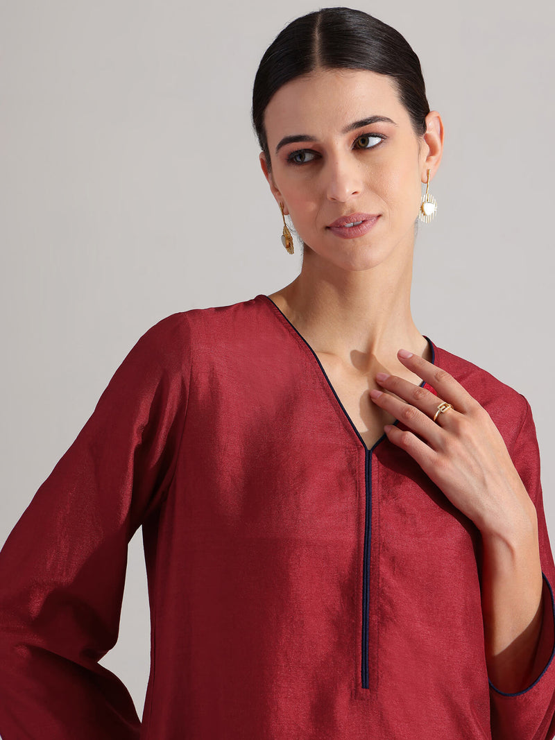 Silk Blend Colourblock Kurta Set - Red & Blue