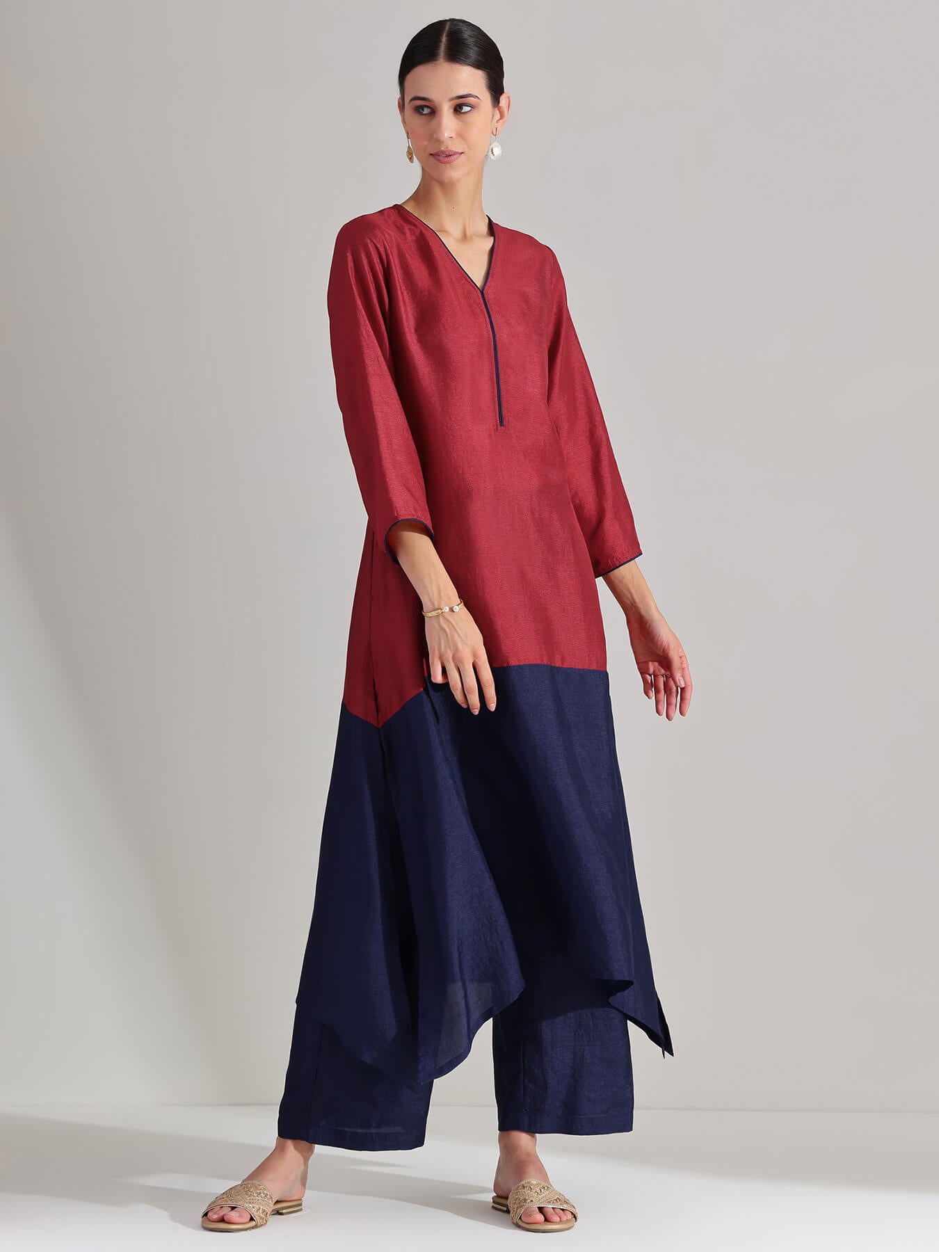 Silk Blend Colourblock Kurta Set - Red & Blue