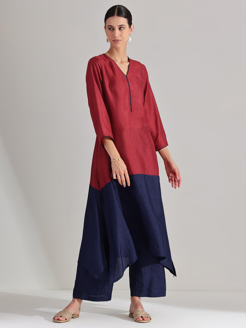 Silk Blend Colourblock Kurta Set - Red & Blue