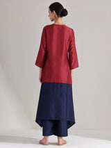 Silk Blend Colourblock Kurta Set - Red & Blue