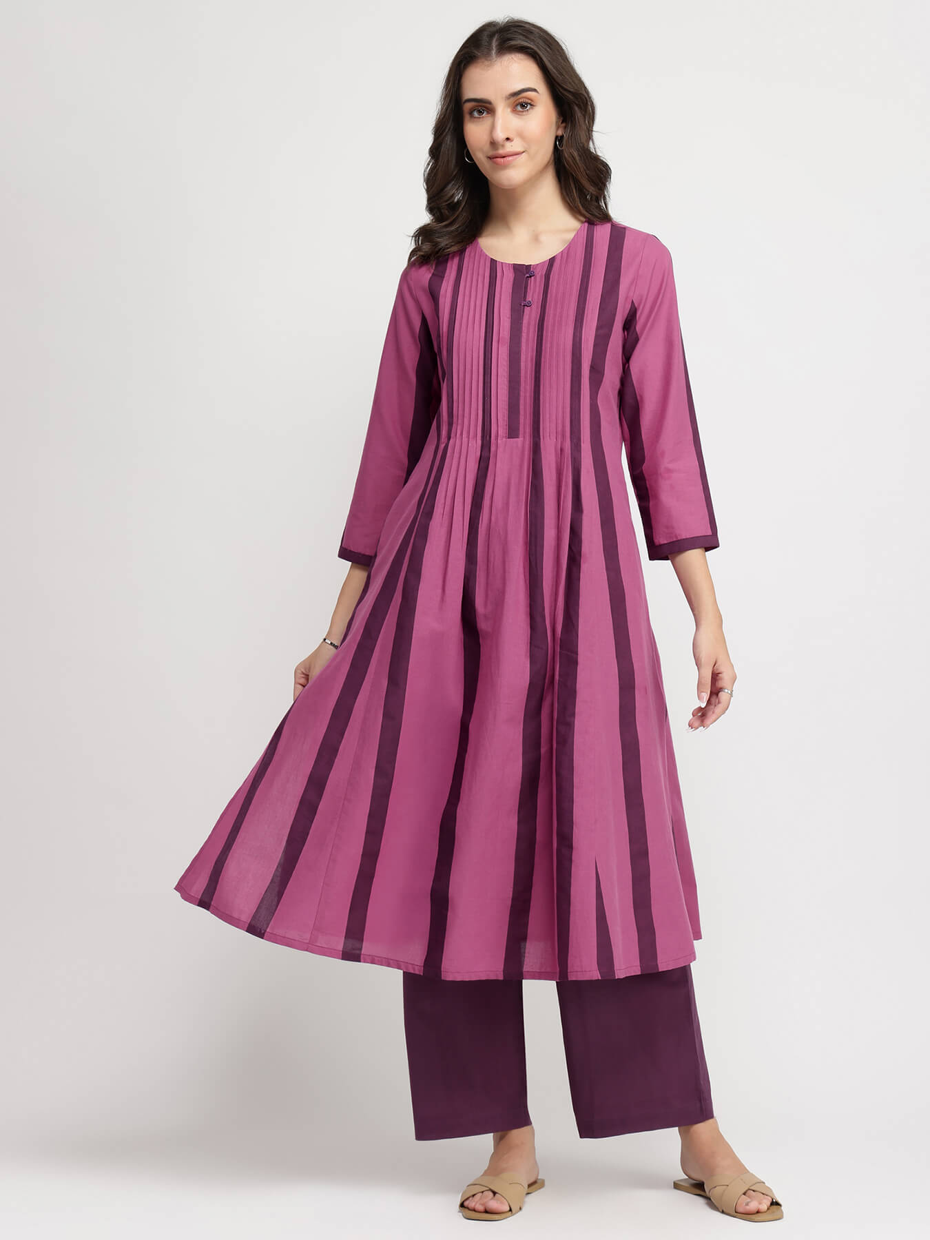 Cotton Striped A-Line Kurta Set - Purple