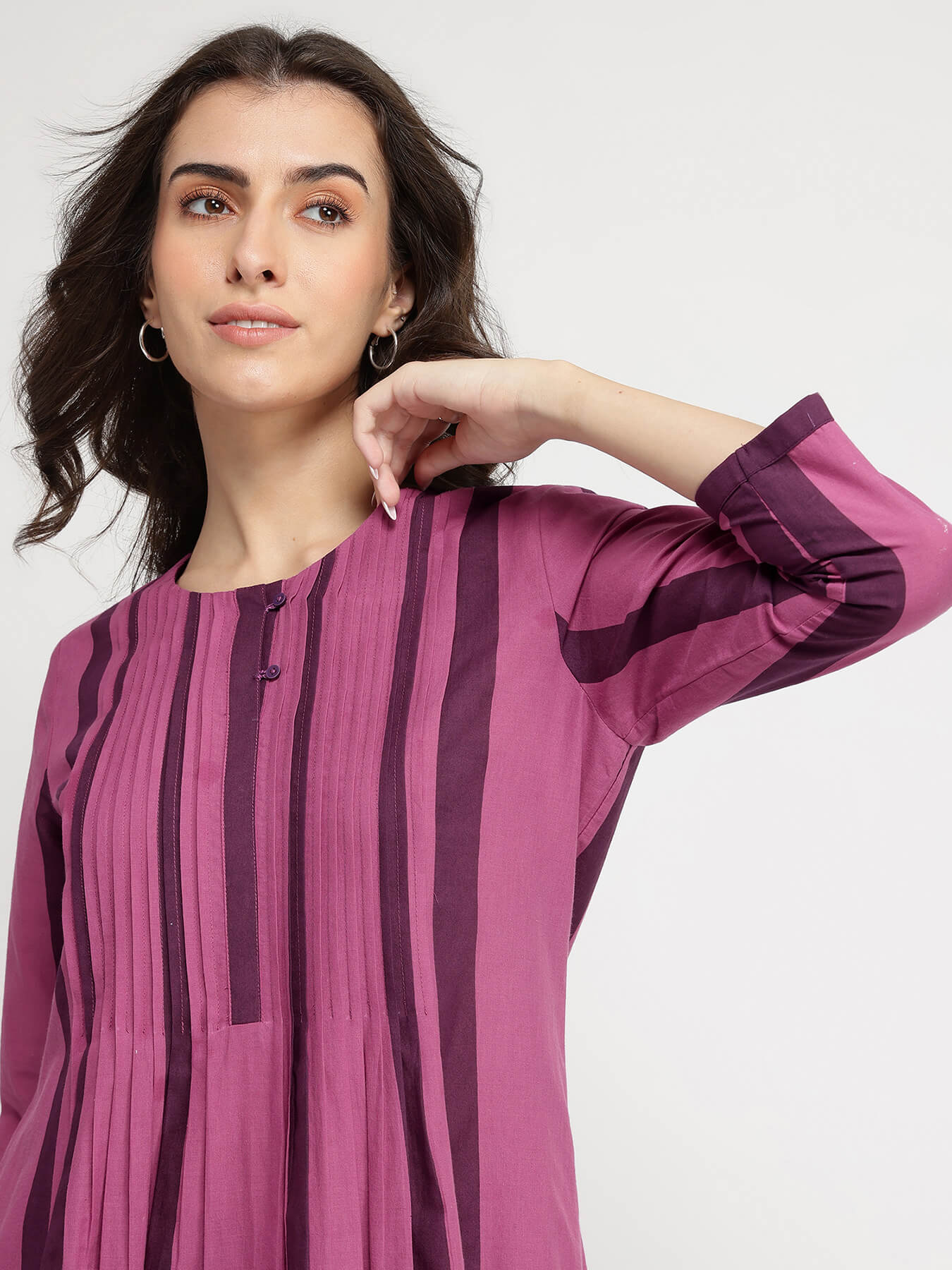Cotton Striped A-Line Kurta Set - Purple