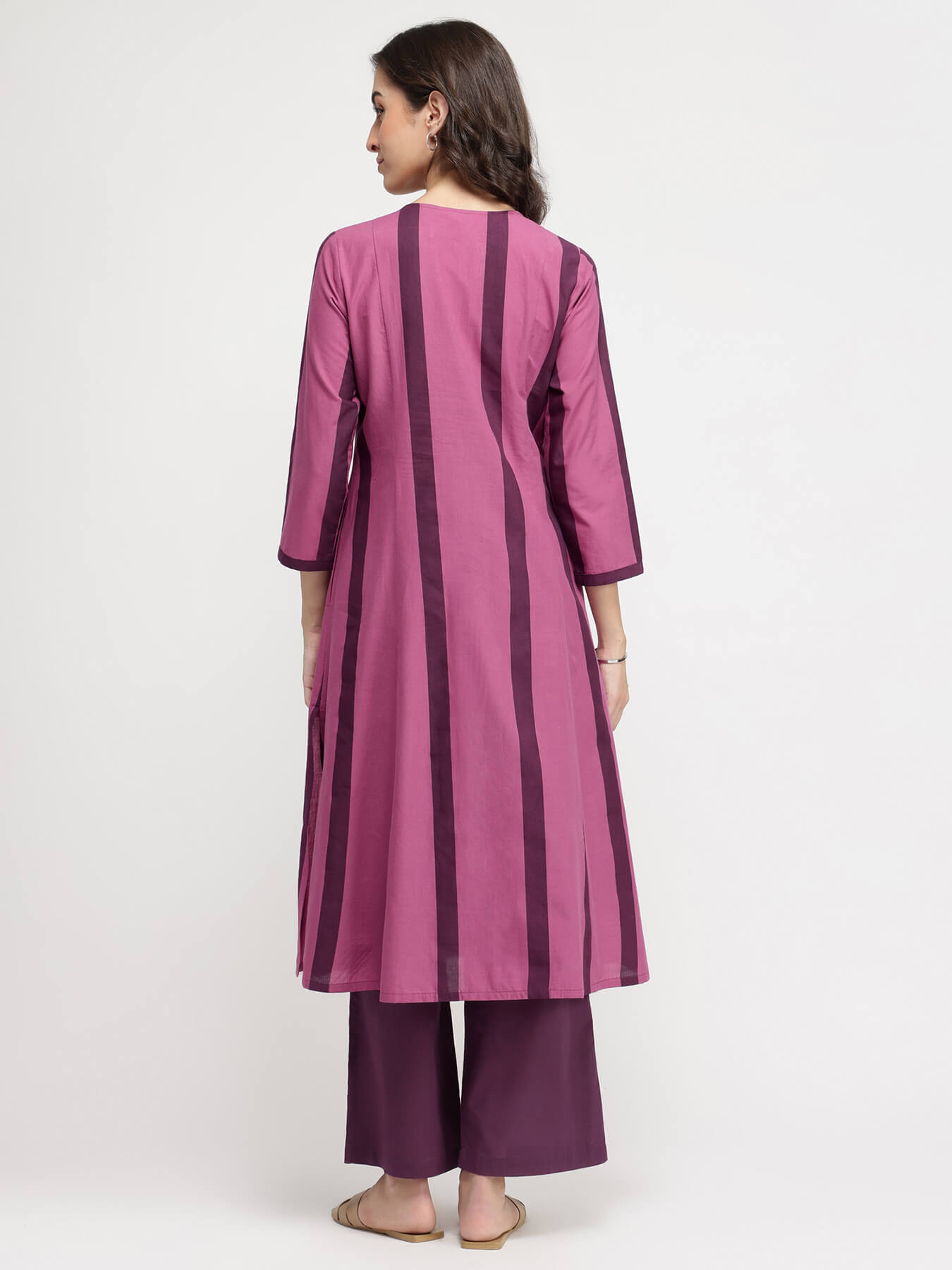 Cotton Striped A-Line Kurta Set - Purple