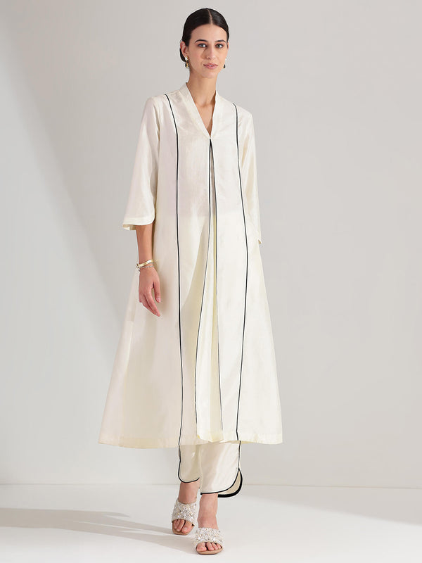 Silk Blend Solid A-line Kurta Set - Off White