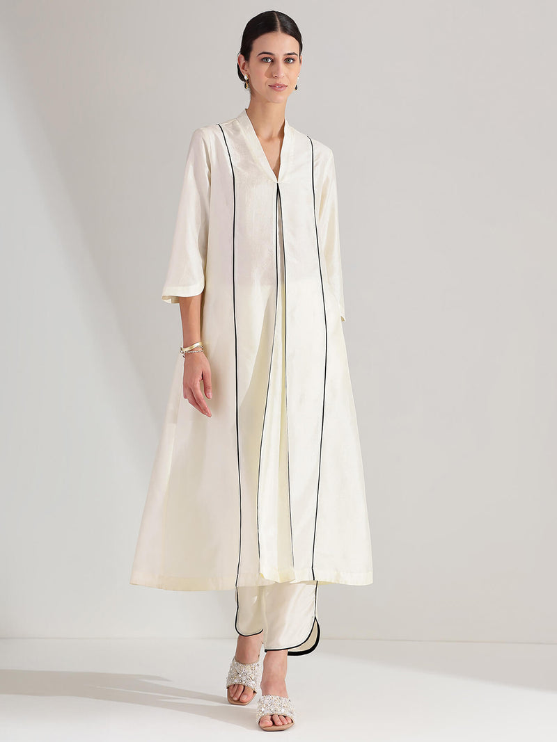 Silk Blend Solid A-line Kurta Set - Off White