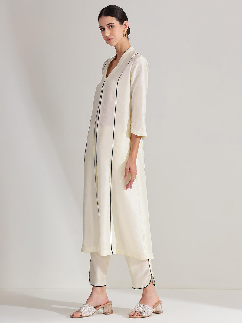 Silk Blend Solid A-line Kurta Set - Off White