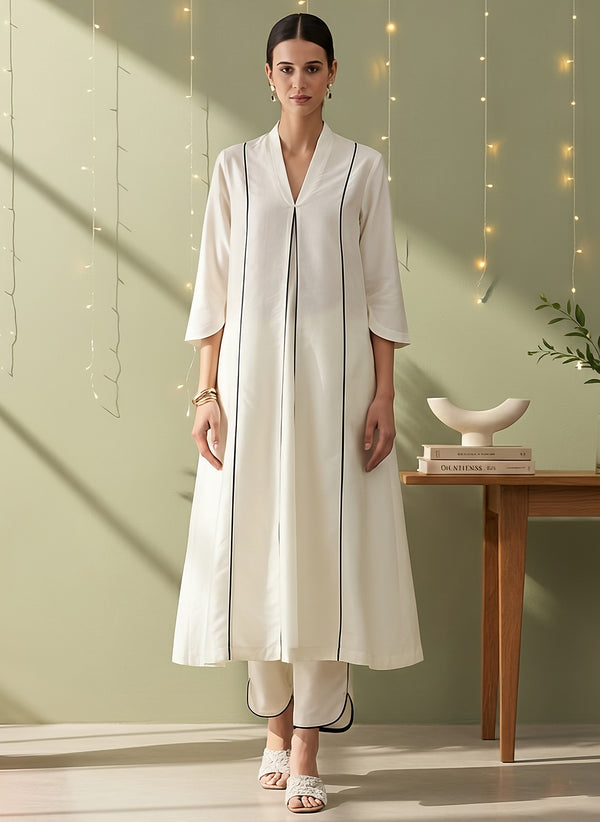 Silk Blend Solid A-line Kurta Set - Off White
