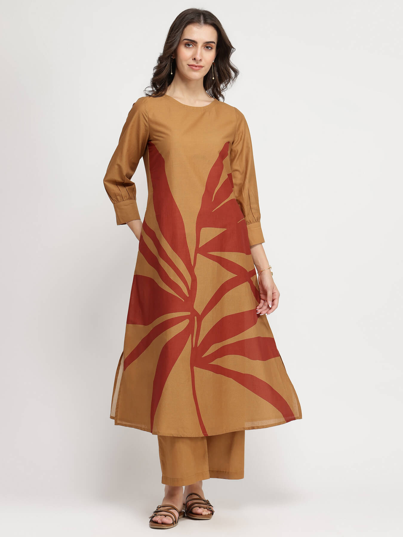 Cotton Floral A-Line Kurta Set - Rust & Beige