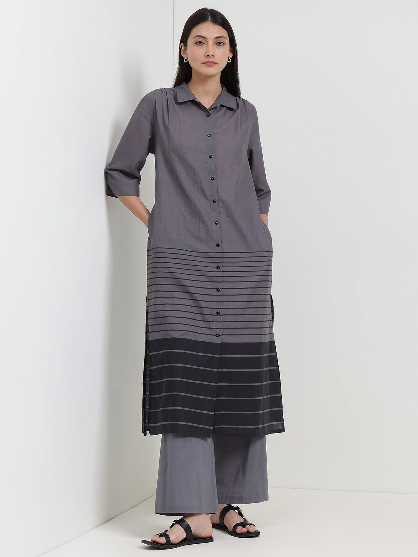 Cotton Striped Shirt Kurta Set - Grey & Black