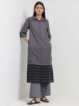 Cotton Striped Shirt Kurta Set - Grey & Black