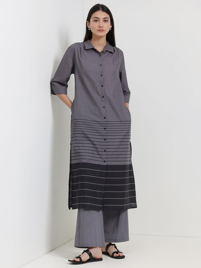 Cotton Striped Shirt Kurta Set - Grey & Black