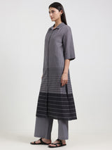 Cotton Striped Shirt Kurta Set - Grey & Black