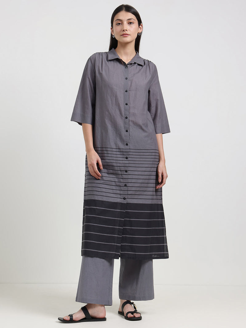 Cotton Striped Shirt Kurta Set - Grey & Black