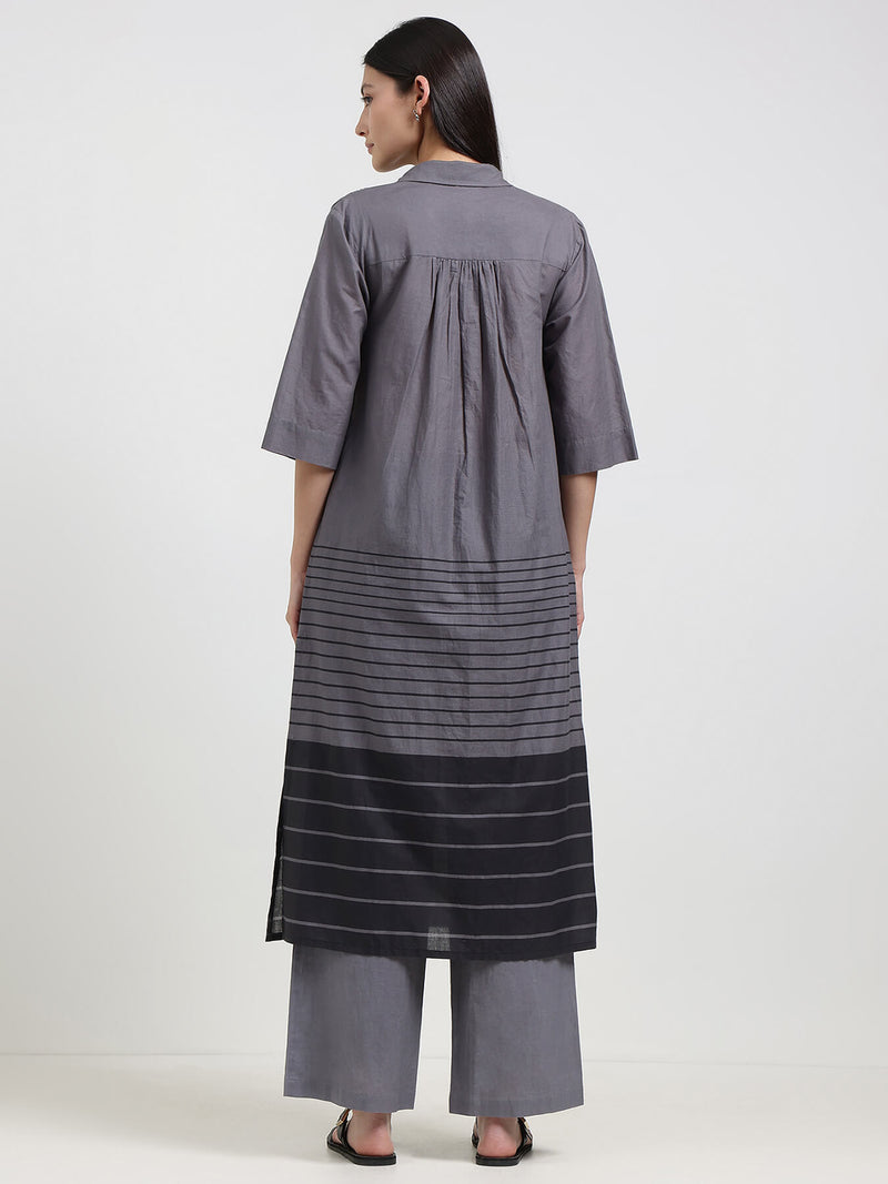 Cotton Striped Shirt Kurta Set - Grey & Black
