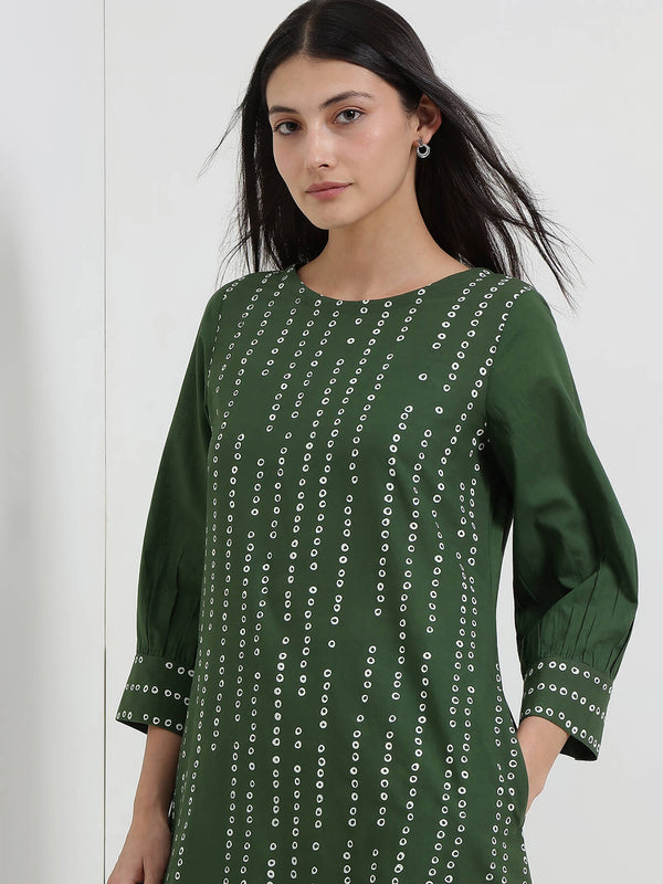 Cotton Bandhani A-Line Kurta Set - Green