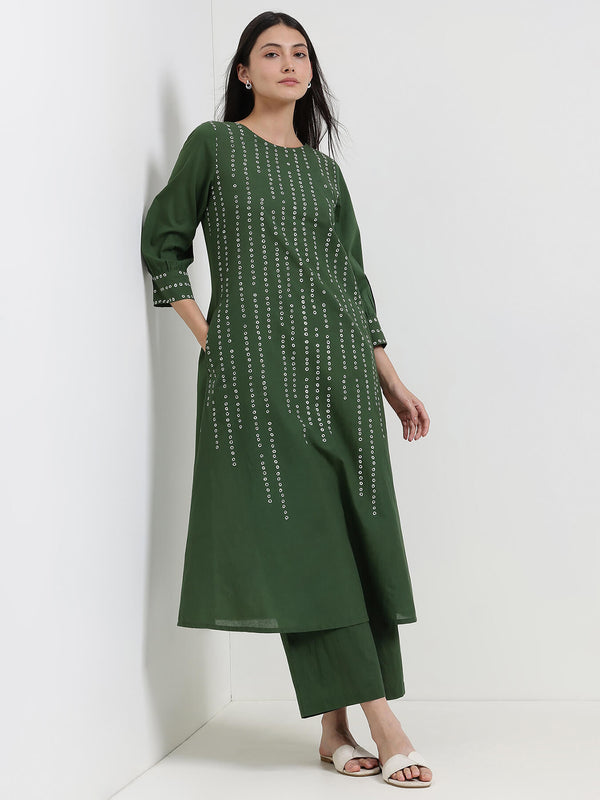 Cotton Bandhani A-Line Kurta Set - Green
