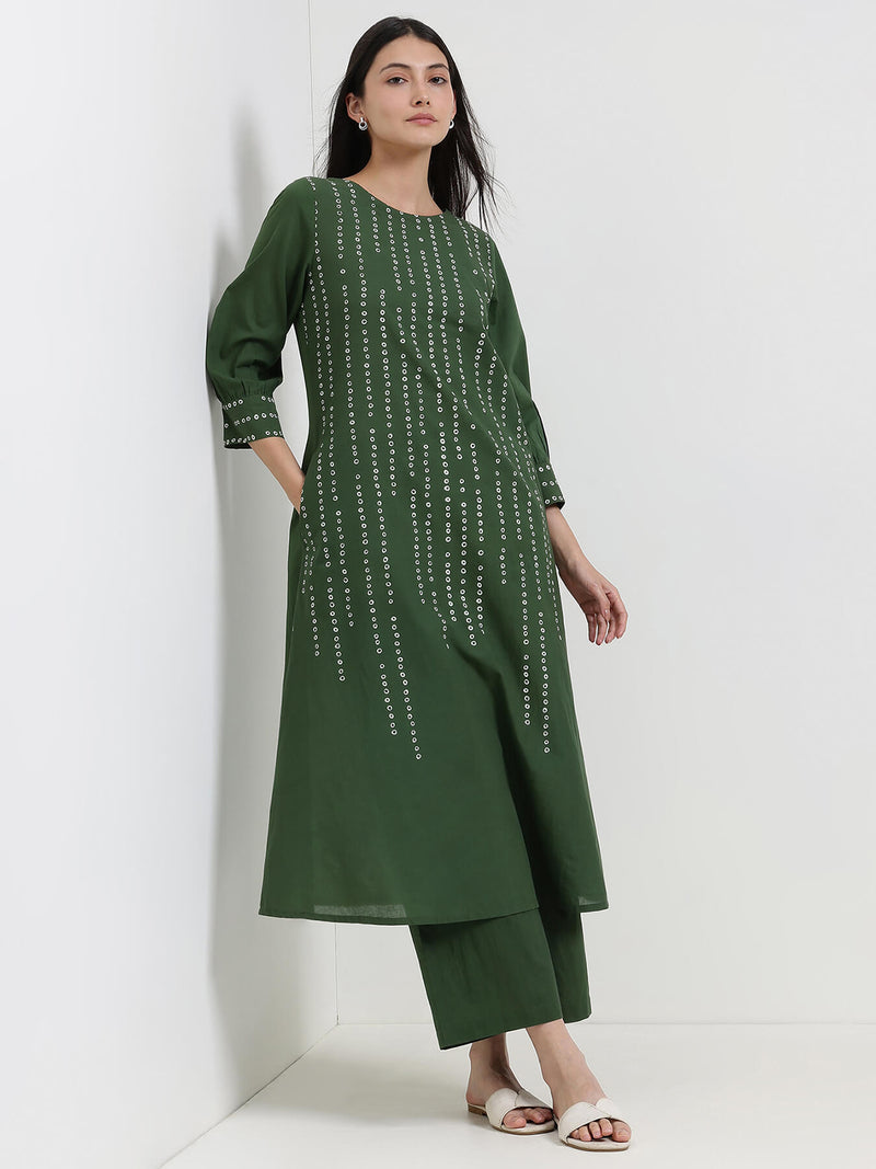 Cotton Bandhani A-Line Kurta Set - Green