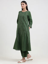 Cotton Bandhani A-Line Kurta Set - Green