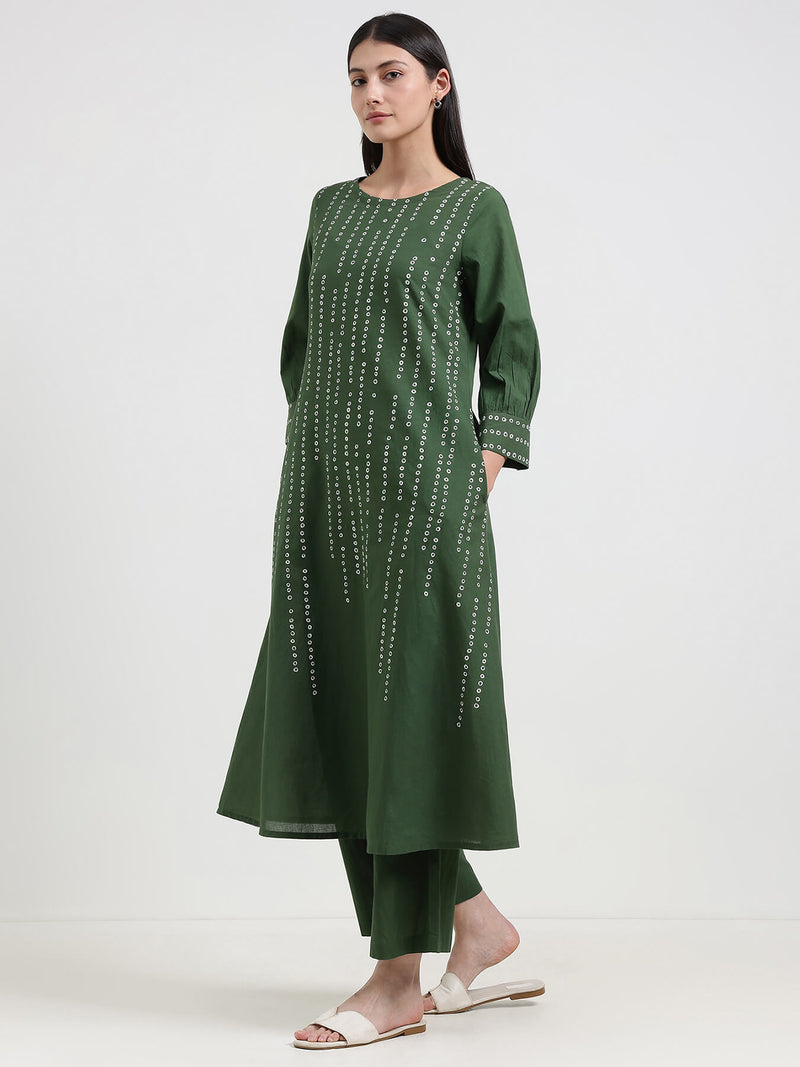 Cotton Bandhani A-Line Kurta Set - Green