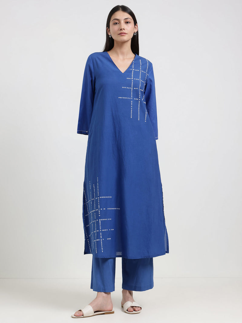 Cotton Bandhani A-Line Kurta Set - Blue