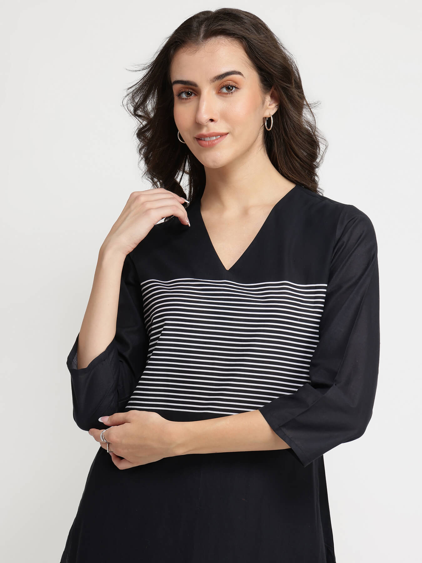 Cotton Striped A-Line Kurta Set - Black & White