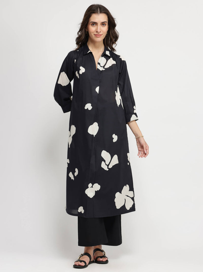 Cotton Abstract Print Kurta Set - Black & White