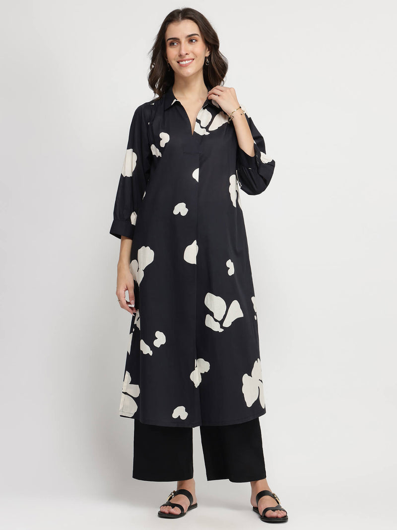 Cotton Abstract Print Kurta Set - Black & White