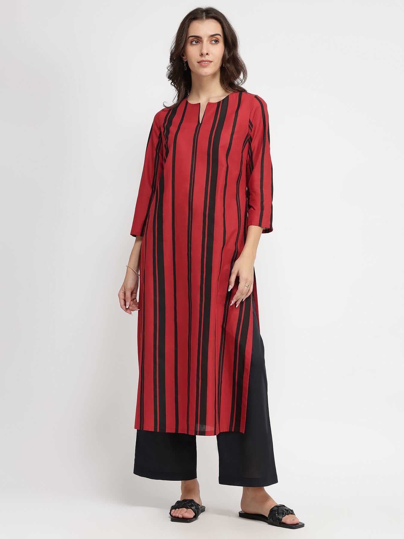 Cotton Striped Kurta Set - Red & Black