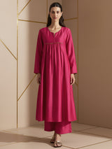 Silk Blend Solid A-Line Kurta Set -  Fuchsia