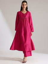 Silk Blend Solid A-Line Kurta Set -  Fuchsia