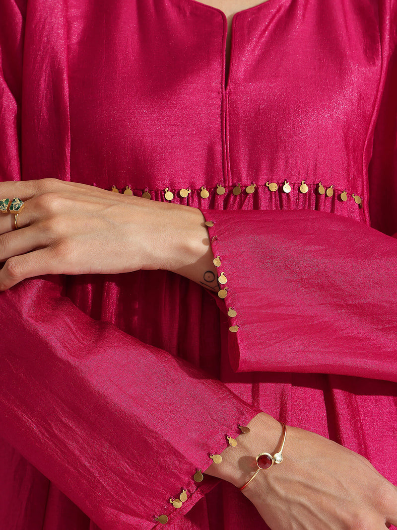 Silk Blend Solid A-Line Kurta Set -  Fuchsia