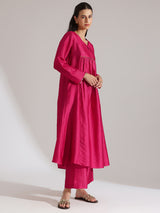 Silk Blend Solid A-Line Kurta Set -  Fuchsia