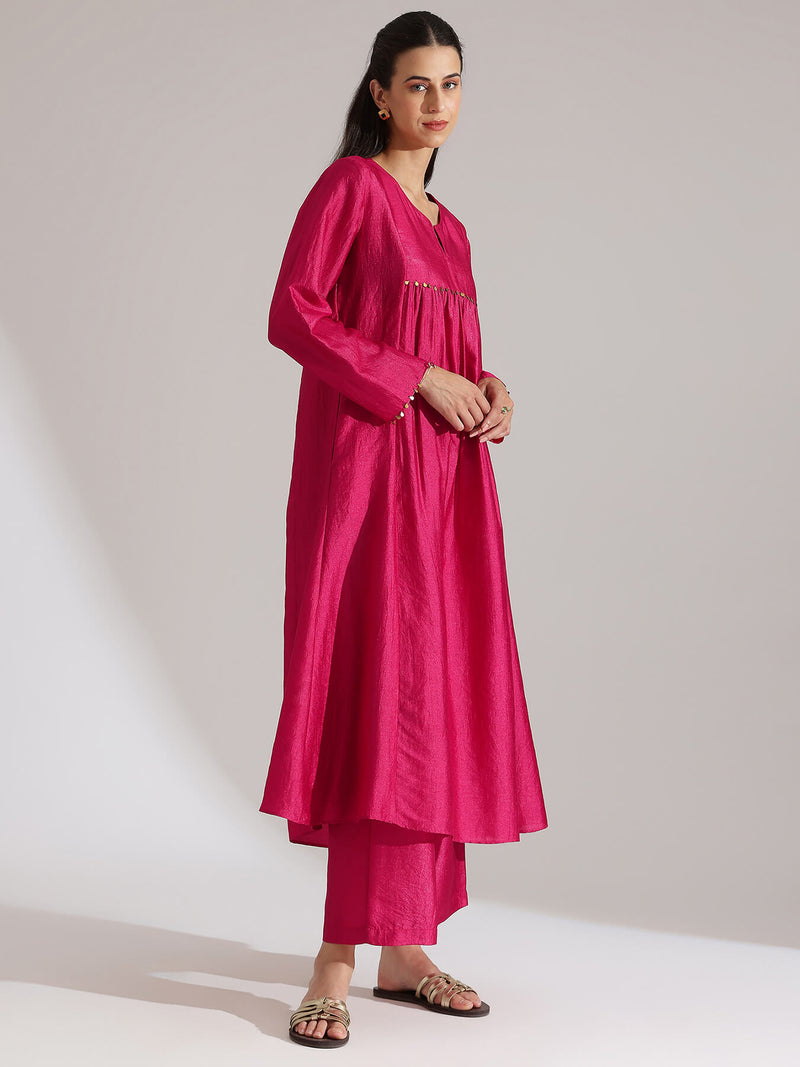 Silk Blend Solid A-Line Kurta Set -  Fuchsia