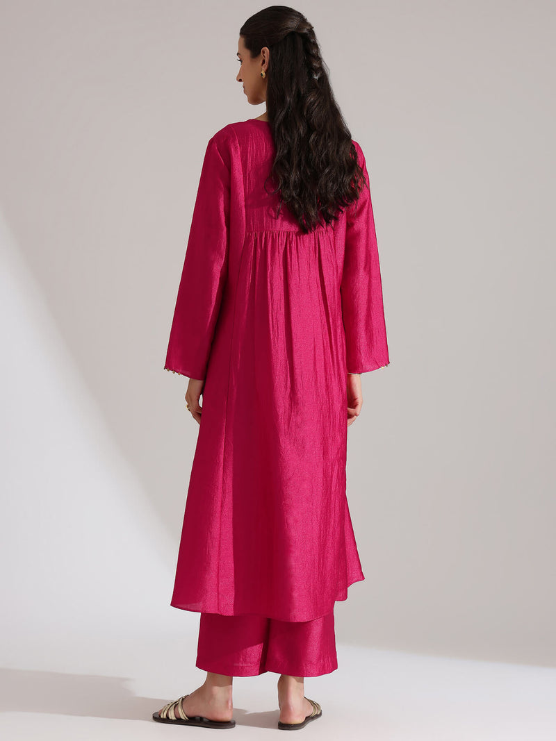 Silk Blend Solid A-Line Kurta Set -  Fuchsia