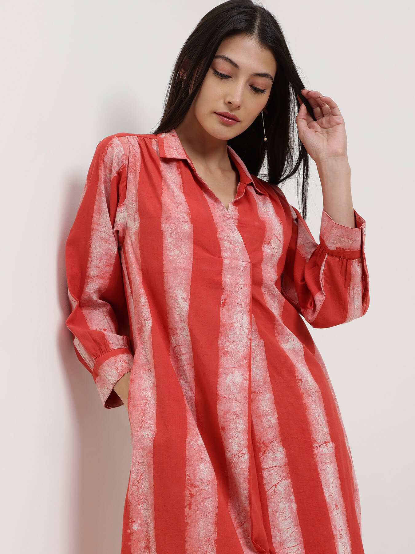 Cotton Dabu Striped Kurta Set - Red