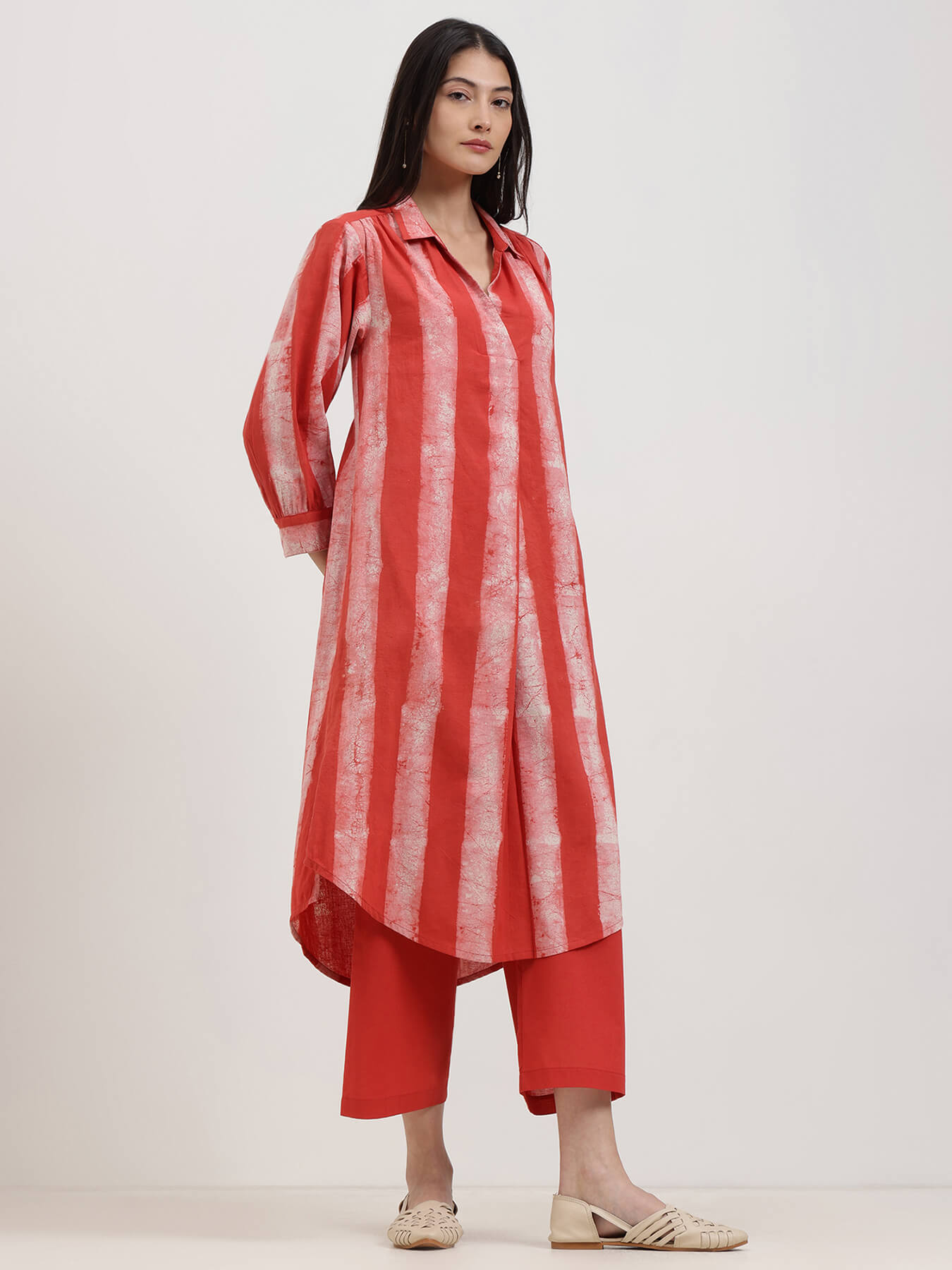 Cotton Dabu Striped Kurta Set - Red