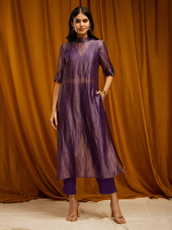 Silk Striped Straight Kurta Set - Purple