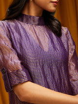 Silk Striped Straight Kurta Set - Purple