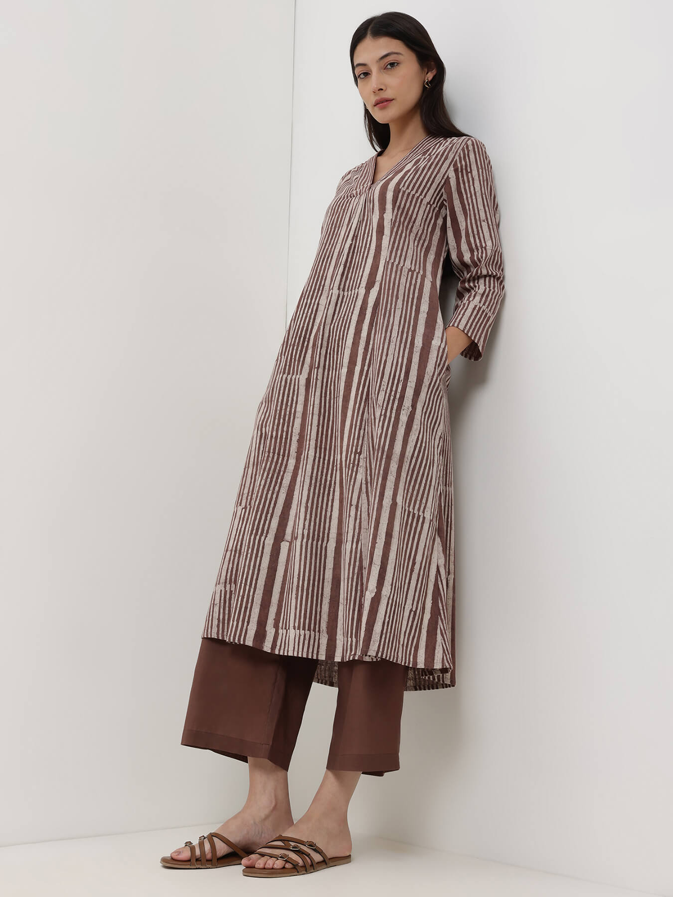 Cotton Dabu Striped A-Line Kurta Set - Brown